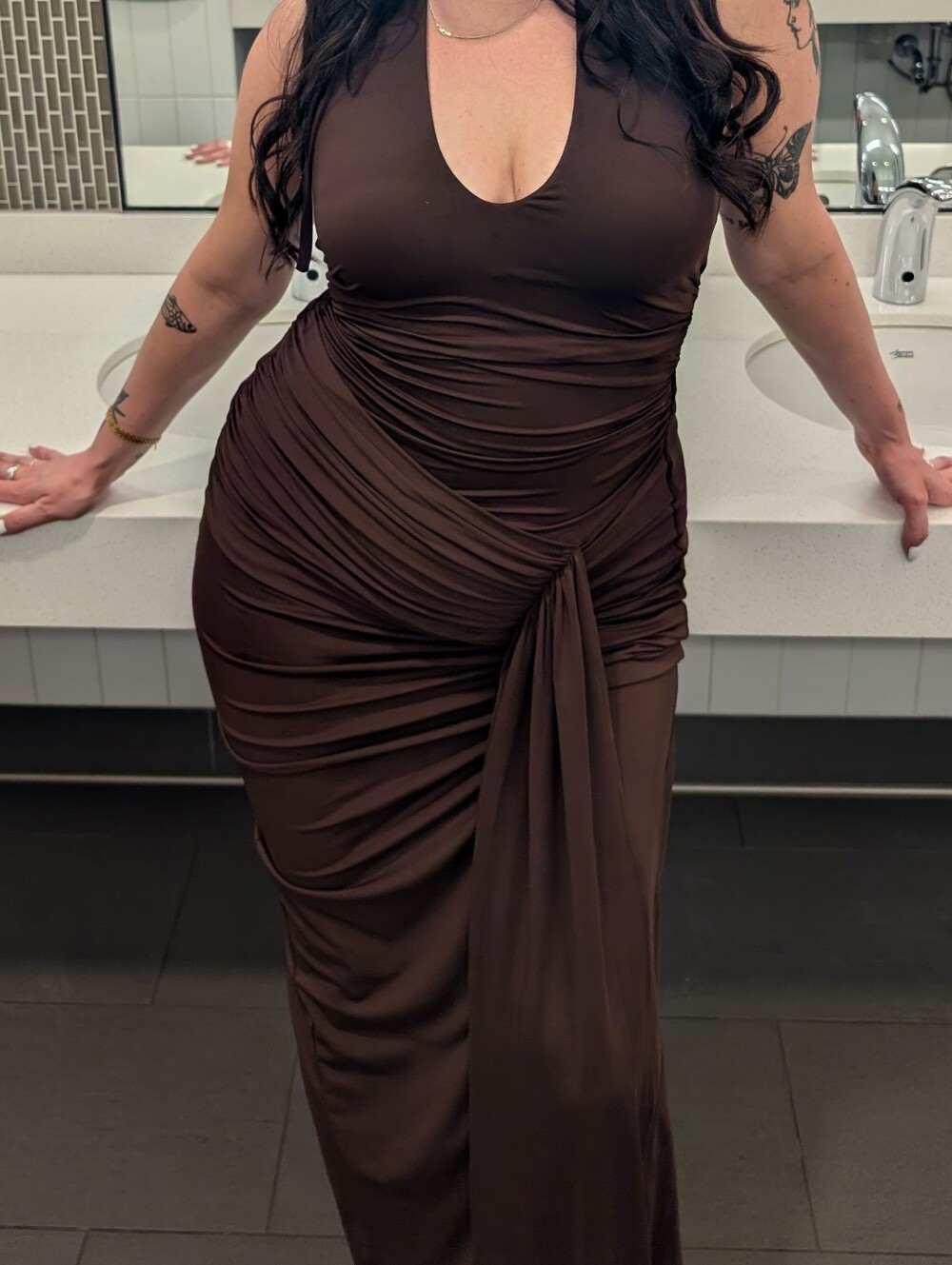 Sleek Chocolate Brown Ruched Evening Gown